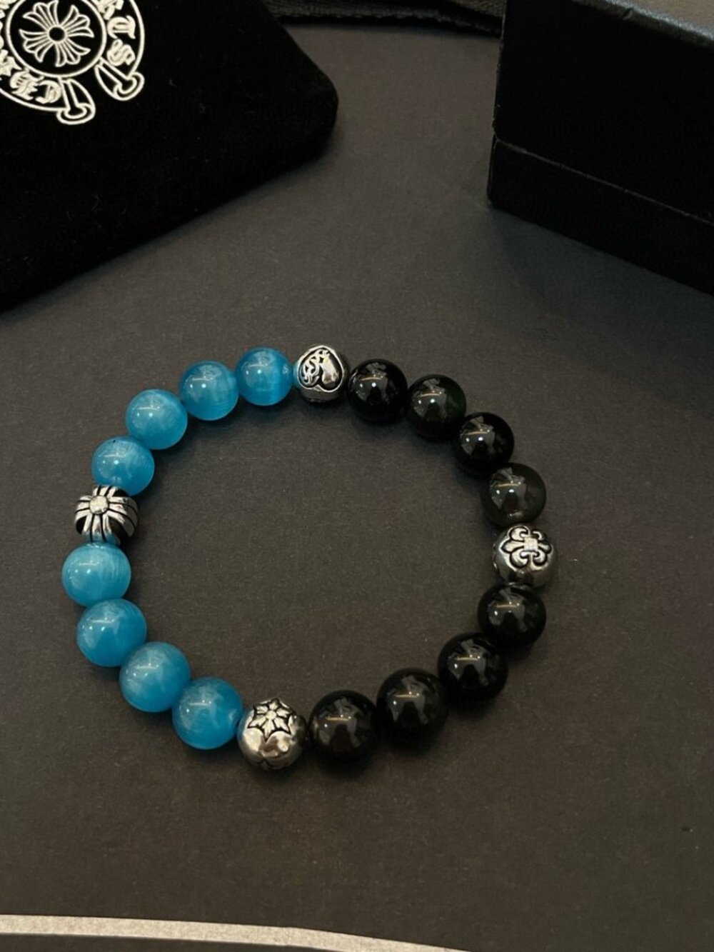 Chrome Hearts Black Agate Beads and Blue Cat's Eye Stone Bracelet